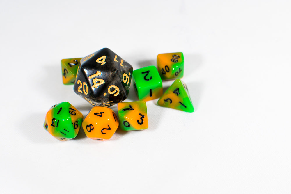 Vibrant Orange & Green Miniature Poly Dice Set Small (7) RPG DnD Mini (Online Only)