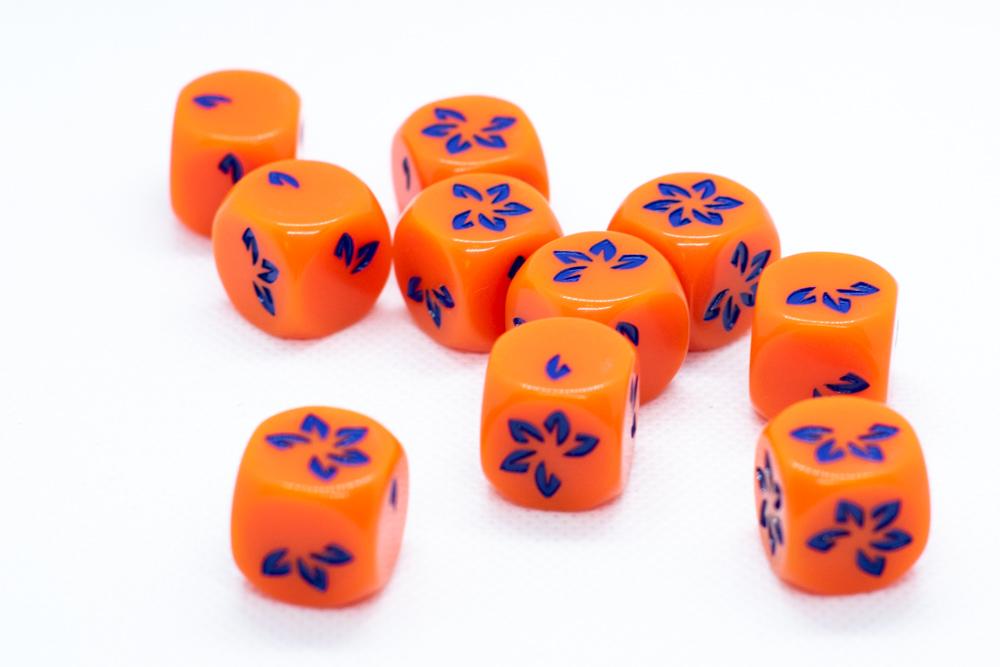 10-Pack Orange w/Blue Falling Petals Dice 16mm D6 Flower Dice (Online Only)