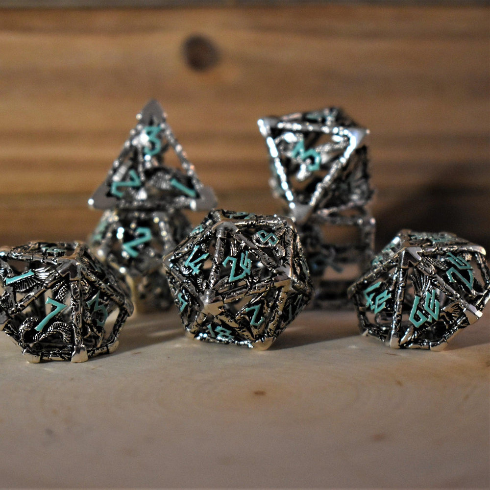 Legends of Valhalla - Silver and Blue Hollow Metal Dice Set (ONLINE ORDER ONLY)