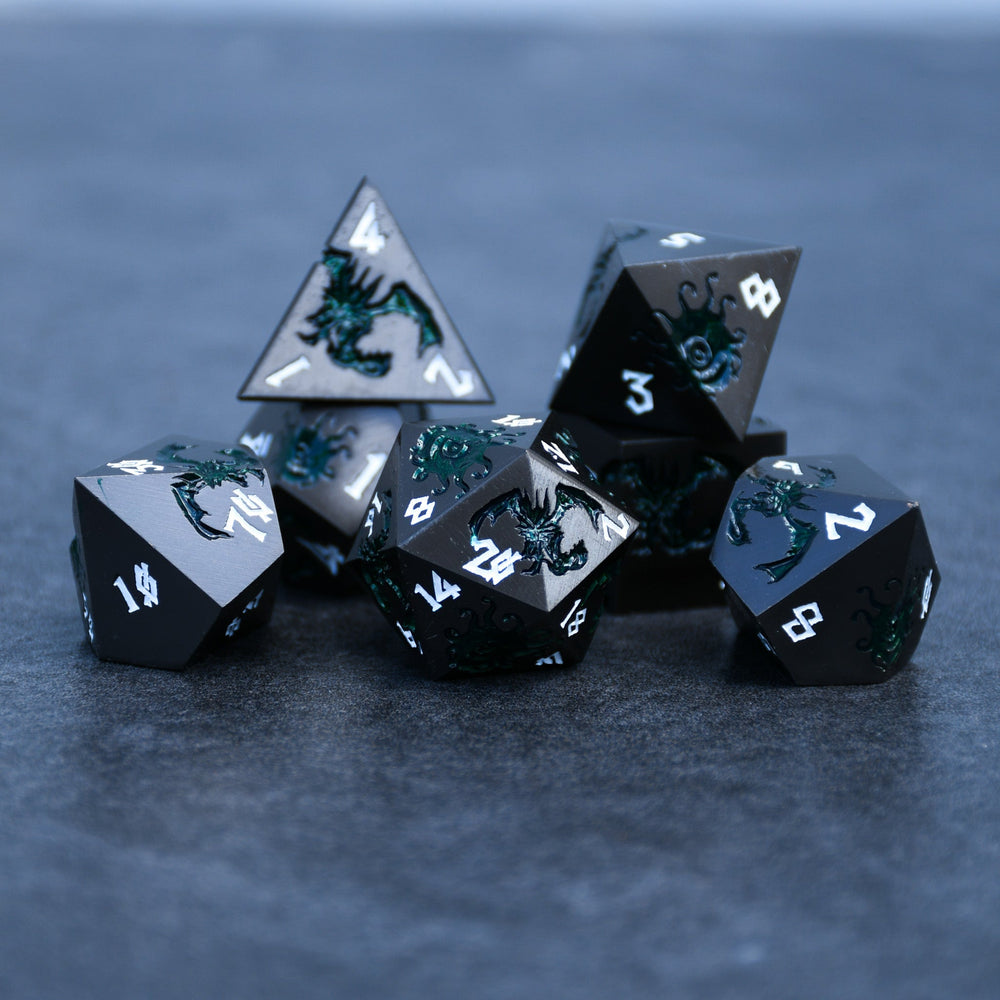 Monster Manual Dice - Gunmetal and Green (ONLINE ORDER ONLY)