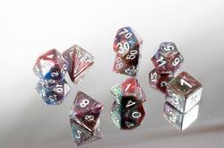 Red/Green/Blue Marbleized Poly Dice Set (7) Green Acrylic Silver Numbers HDdice (Online Only)