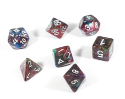 Red/Green/Blue Marbleized Poly Dice Set (7) Green Acrylic Silver Numbers HDdice (Online Only)