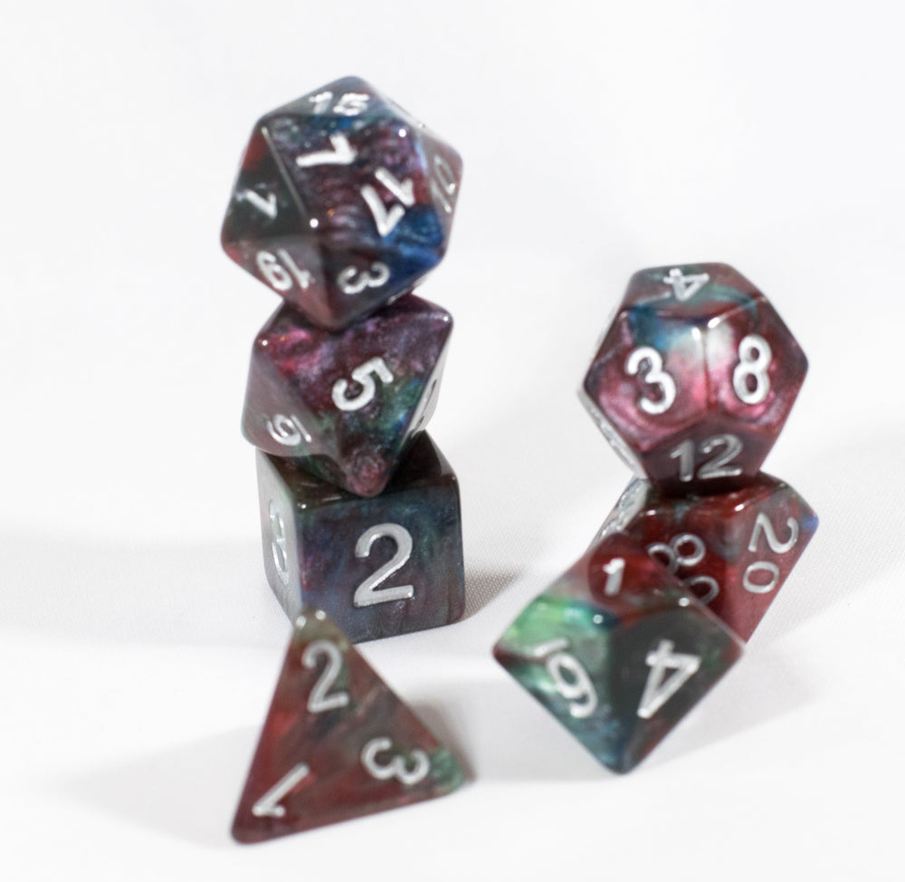 Red/Green/Blue Marbleized Poly Dice Set (7) Green Acrylic Silver Numbers HDdice (Online Only)