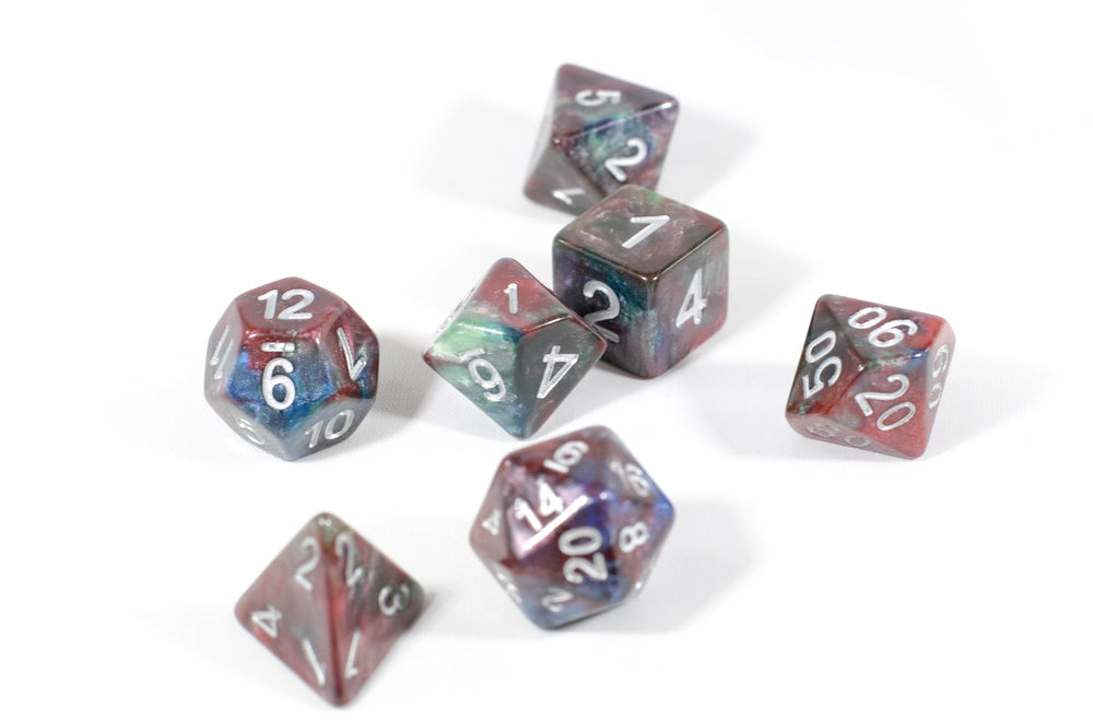 Red/Green/Blue Marbleized Poly Dice Set (7) Green Acrylic Silver Numbers HDdice (Online Only)