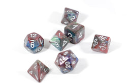 Red/Green/Blue Marbleized Poly Dice Set (7) Green Acrylic Silver Numbers HDdice (Online Only)