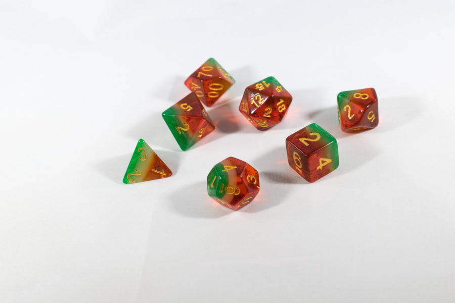 Watermelon Semi-Translucent Poly Dice Set (7) Red Green White Acrylic Gold (Online Only)