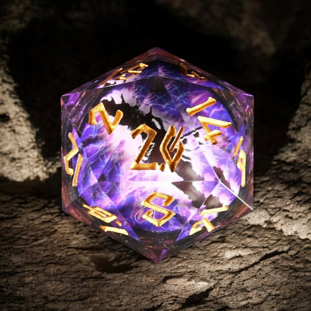 Enchanted Dragon Eye (Purple/Gold) Liquid Core 50mm D20 (ONLINE ORDER ONLY)