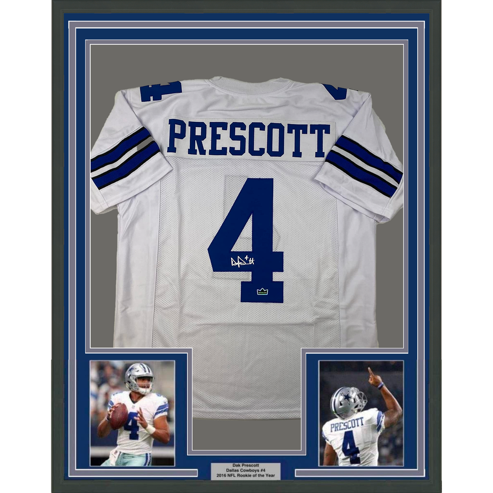Framed Facsimile Autographed Dak Prescott 35x39 Dallas White Reprint Laser Auto Football Jersey Size Men's XL (ONLINE ORDER ONLY)