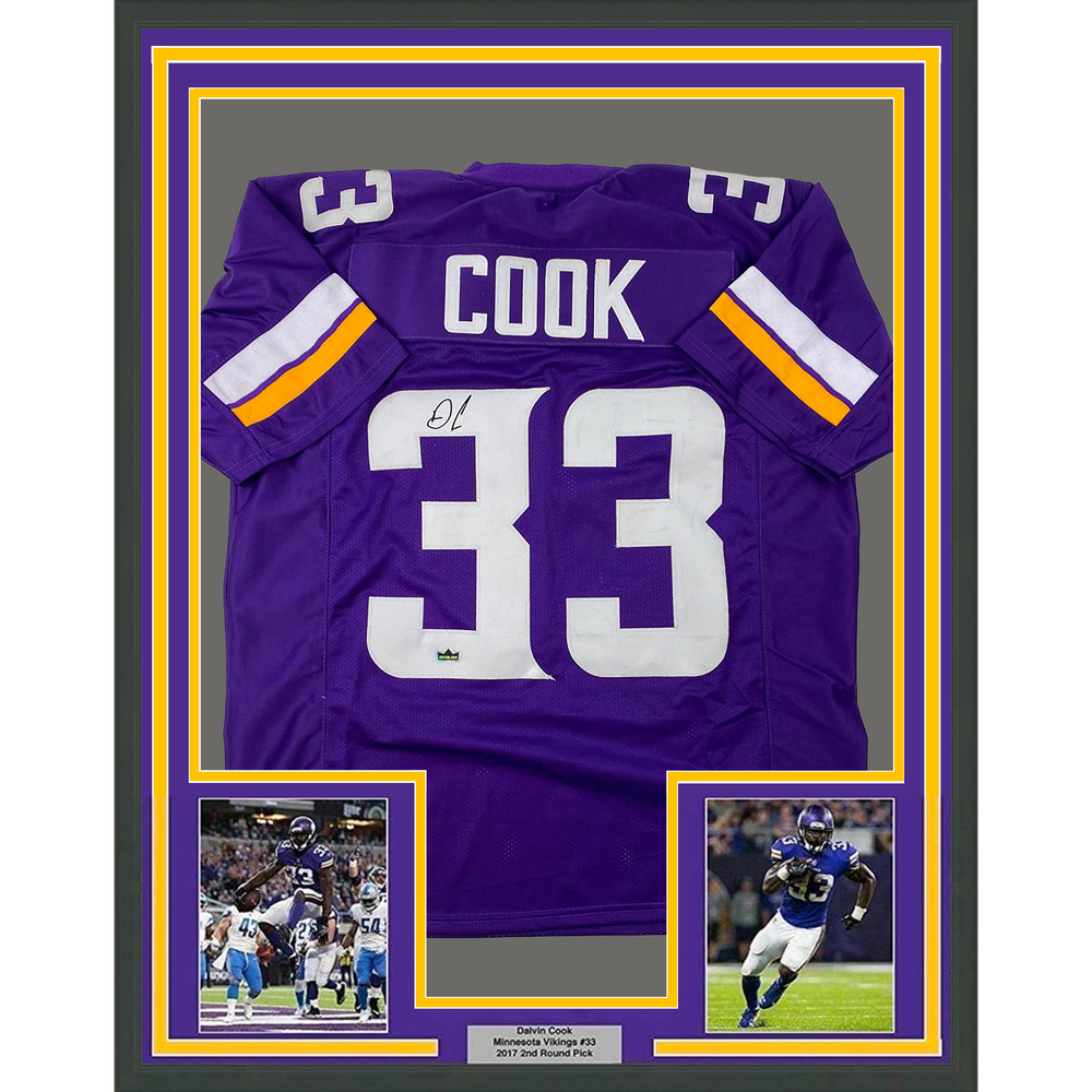 Framed Facsimile Autographed Dalvin Cook 35x39 Minnesota Purple Reprint Laser Auto Football Jersey (ONLINE ORDER ONLY)