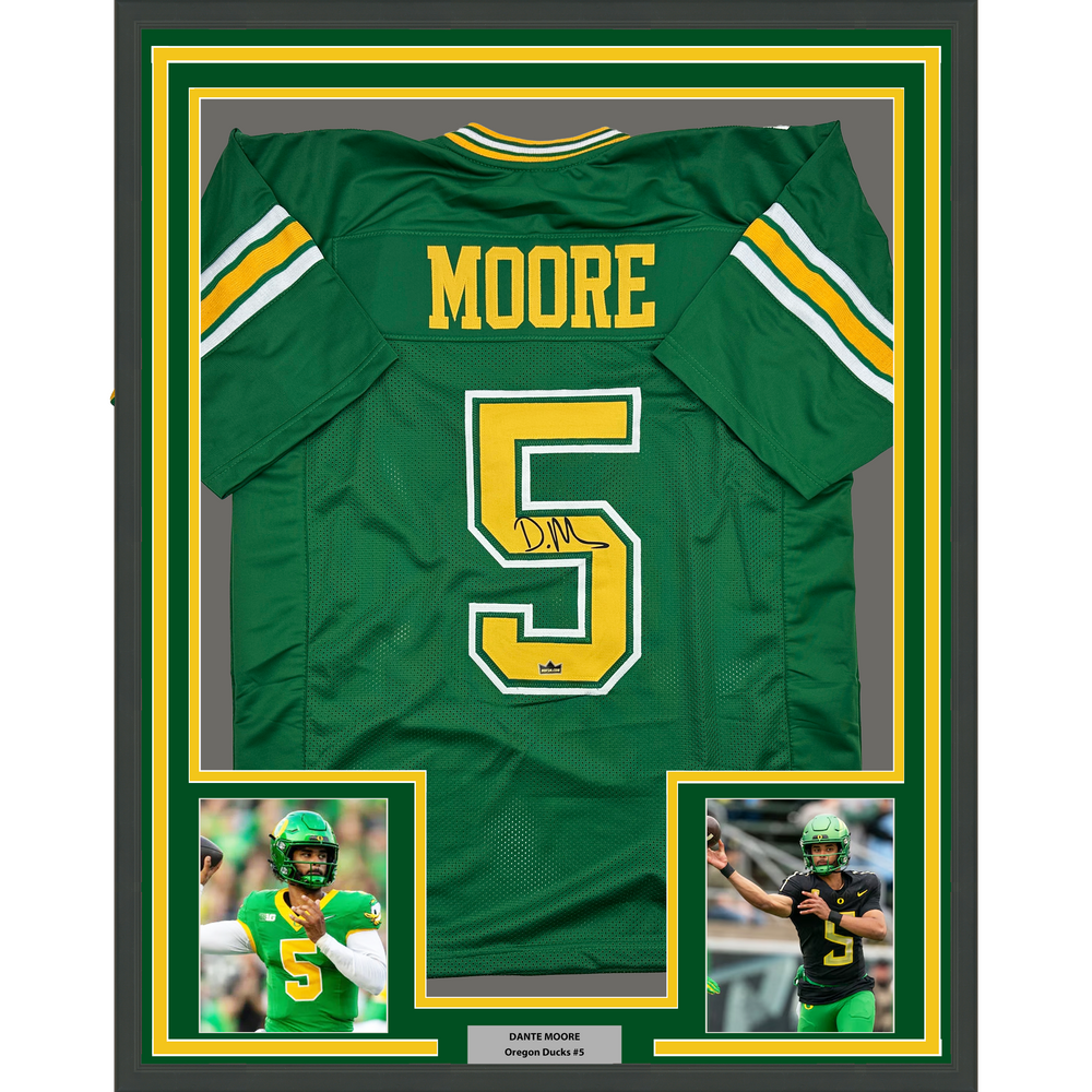 Framed Facsimile Autographed Dante Moore 35x39 Oregon Green Reprint Laser Auto College Football Jersey (ONLINE ORDER ONLY)