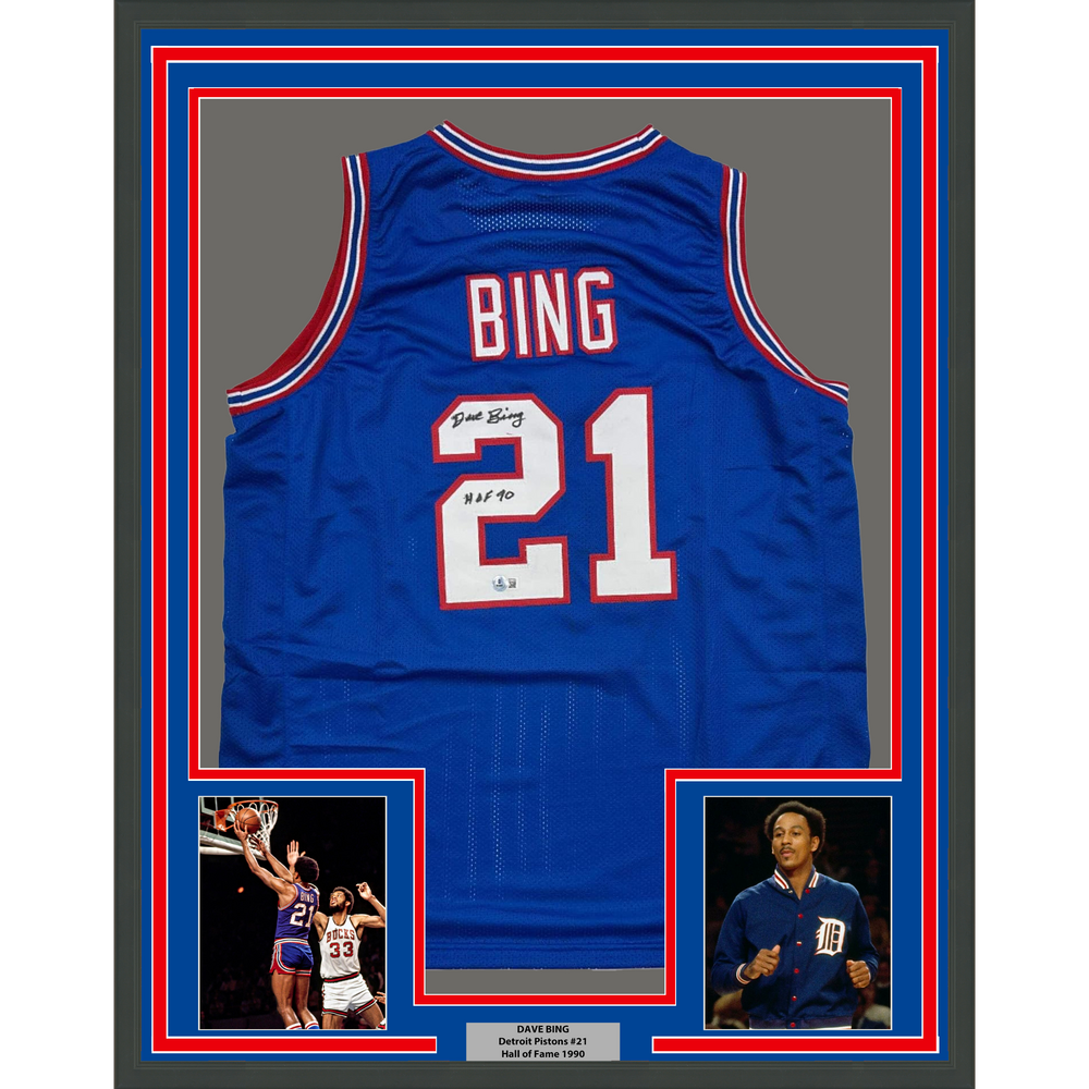 Framed Autographed/Signed Dave Bing 35x39 HOF 90 Detroit Blue Basketball Jersey Beckett BAS COA (ONLINE ORDER ONLY)
