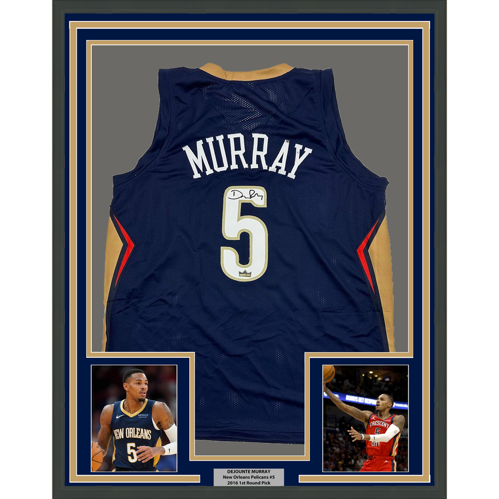 Framed Facsimile Autographed Dejounte Murray 35x39 New Orleans Blue Reprint Laser Auto Basketball Jersey (ONLINE ORDER ONLY)