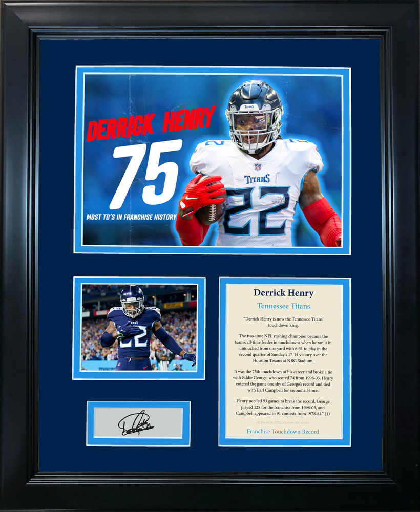 Framed Derrick Henry Tennessee Titans Touchdown Record Facsimile Laser Engraved Signature Auto Football 11"x14" Photo Sig Collage (ONLINE ORDER ONLY)