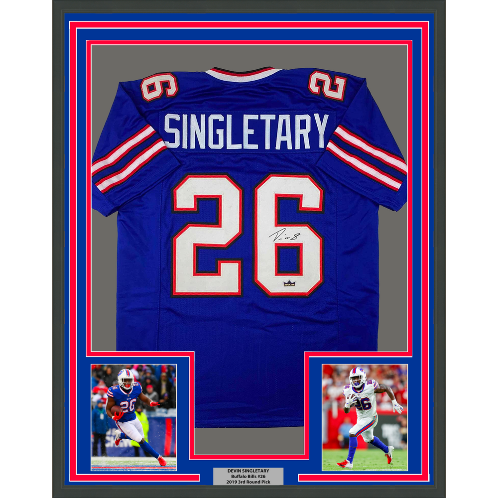 Framed Facsimile Autographed Devin Singletary 35x39 Buffalo Blue Reprint Laser Auto Football Jersey Size Men's XL (ONLINE ORDER ONLY)