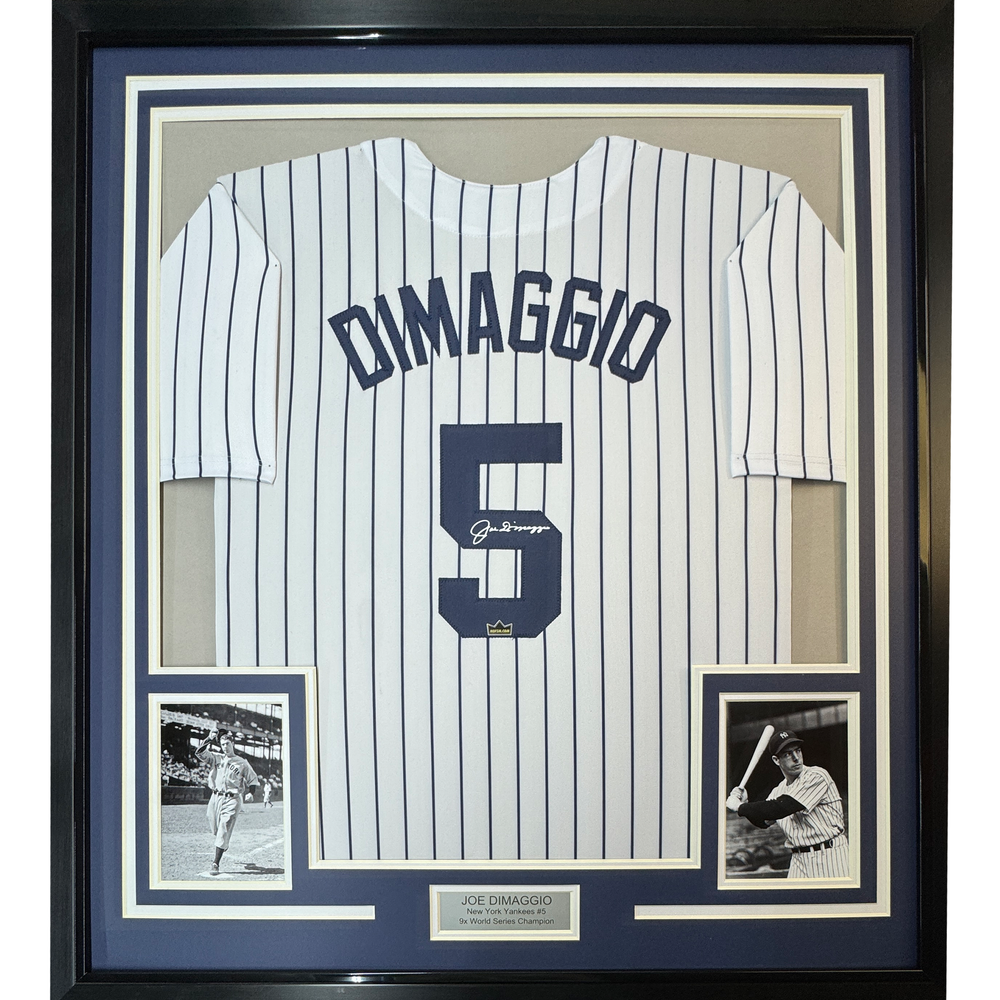 Framed Facsimile Autographed Joe DiMaggio 35x39 New York Pinstripe Reprint Laser Auto Baseball Jersey (ONLINE ORDER ONLY)
