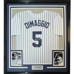 Framed Facsimile Autographed Joe DiMaggio 35x39 New York Pinstripe Reprint Laser Auto Baseball Jersey (ONLINE ORDER ONLY)