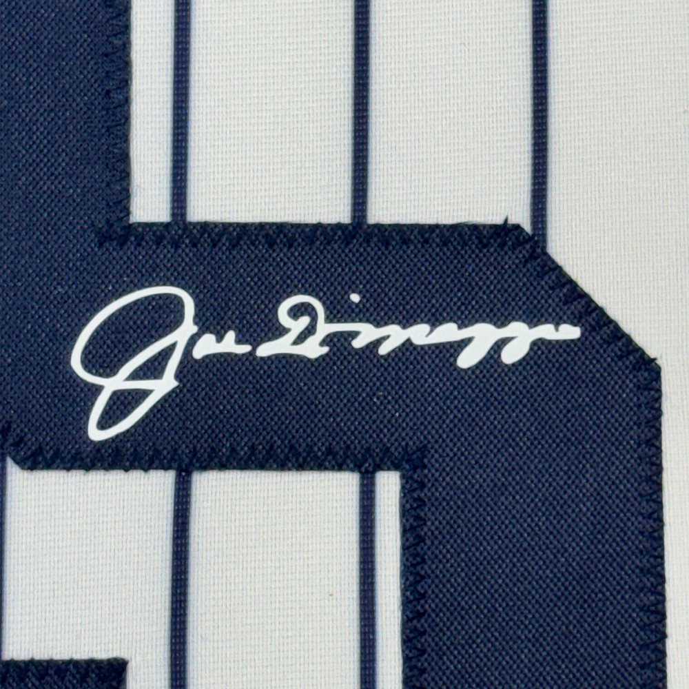 Framed Facsimile Autographed Joe DiMaggio 35x39 New York Pinstripe Reprint Laser Auto Baseball Jersey (ONLINE ORDER ONLY)