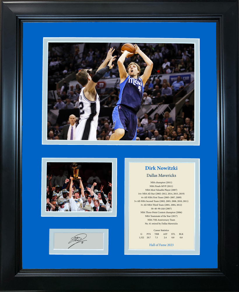 Framed Dirk Nowitzki Hall of Fame Facsimile Laser Engraved Signature Auto Dallas Mavericks Basketball 11"x14" Photo Sig Collage (ONLINE ORDER ONLY)