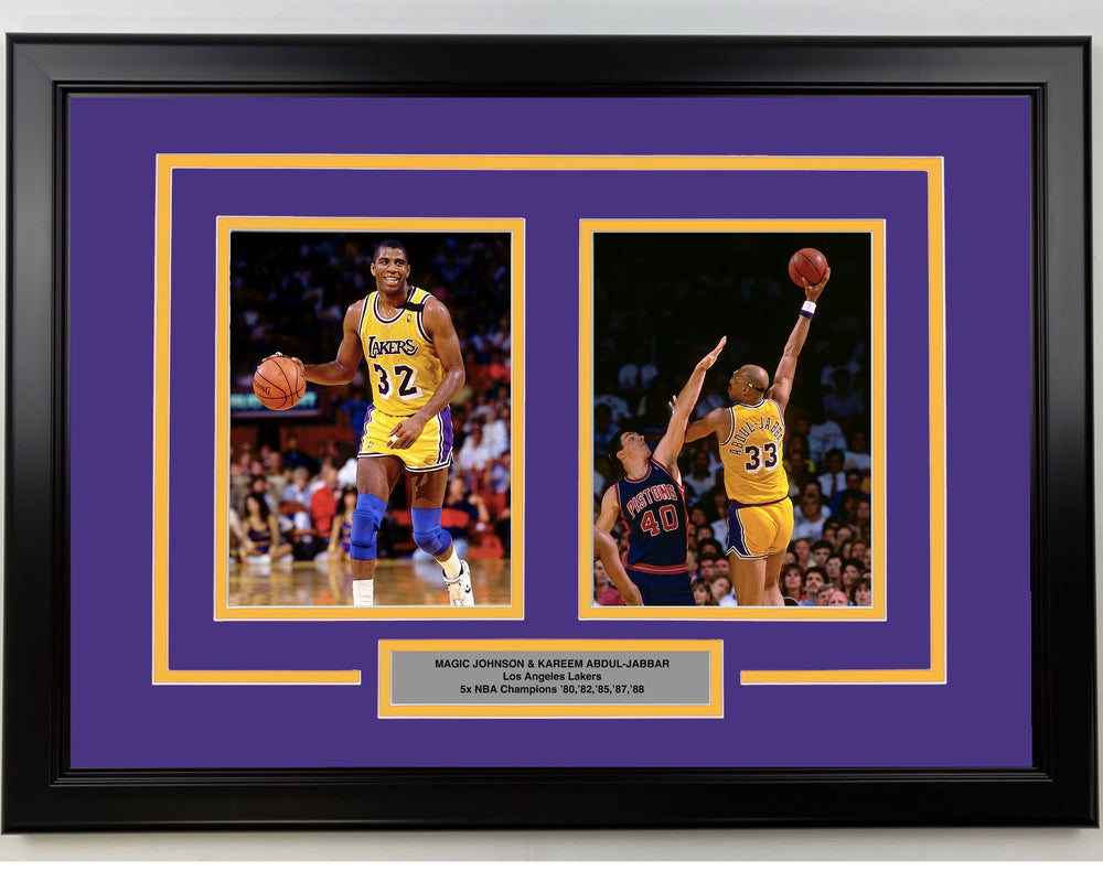 Framed Magic Johnson and Kareem Abdul-Jabbar Los Angeles Lakers 17x23 Dual Basketball Photo (ONLINE ORDER ONLY)