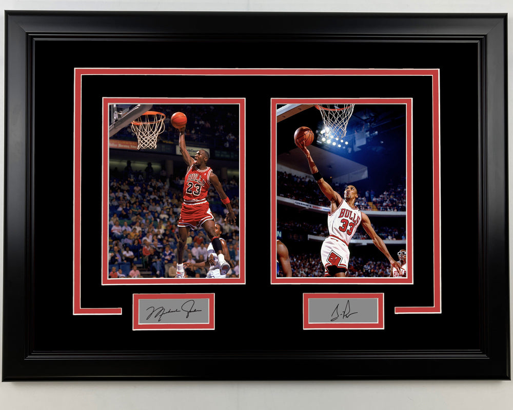 Framed Michael Jordan and Scottie Pippen Facsimile Laser Engraved Signatures Chicago Bulls 17x23 Dual Basketball Photo (ONLINE ORDER ONLY)
