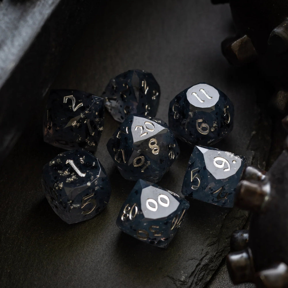Dwarf Cut Smoky Midnight Handmade Resin DND Dice Set (ONLINE ORDER ONLY)