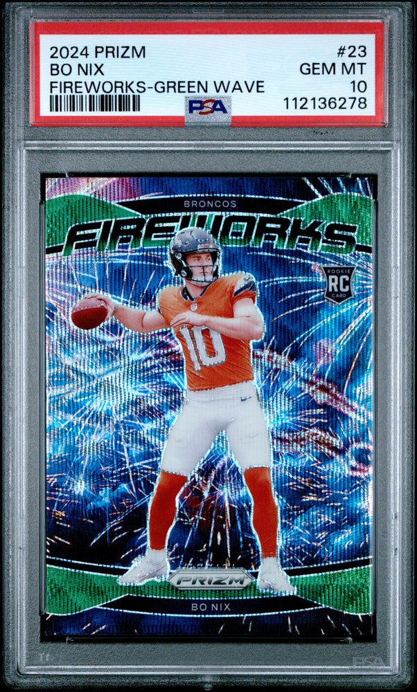 Graded 2024 Panini Prizm Bo Nix #23 Fireworks Green Wave Rookie RC Football Card PSA 10 Gem Mint (ONLINE ORDER ONLY)