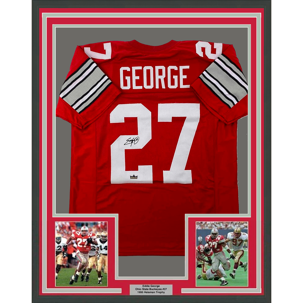 Framed Facsimile Autographed Eddie George 35x39 Ohio State Red Reprint Laser Auto College Football Jersey (ONLINE ORDER ONLY)