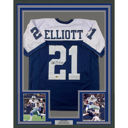Framed Facsimile Autographed Ezekiel Elliott 35x39 Dallas Thanksgiving Day Reprint Laser Auto Football Jersey Size Men's XL (ONLINE ORDER ONLY)
