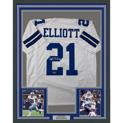 Framed Facsimile Autographed Ezekiel Elliott 35x39 Dallas White Reprint Laser Auto Football Jersey Size Men's XL (ONLINE ORDER ONLY)