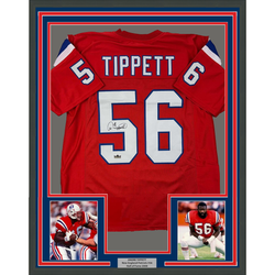 Framed Facsimile Autographed Andre Tippett 35x39 New England Red Reprint Laser Auto Football Jersey (ONLINE ORDER ONLY)