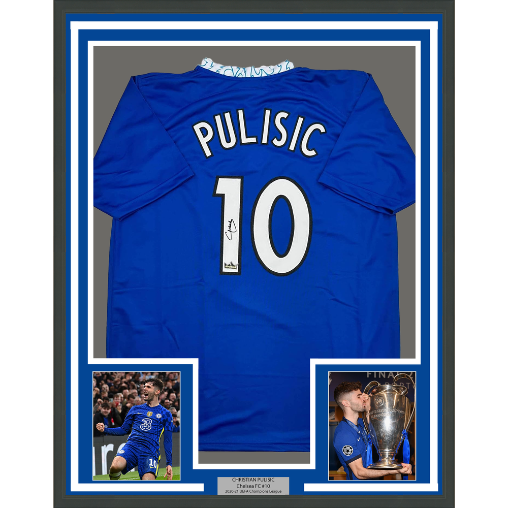 Framed Facsimile Autographed Christian Pulisic 35x39 Chelsea FC Blue Reprint Laser Auto Soccer Jersey (ONLINE ORDER ONLY)