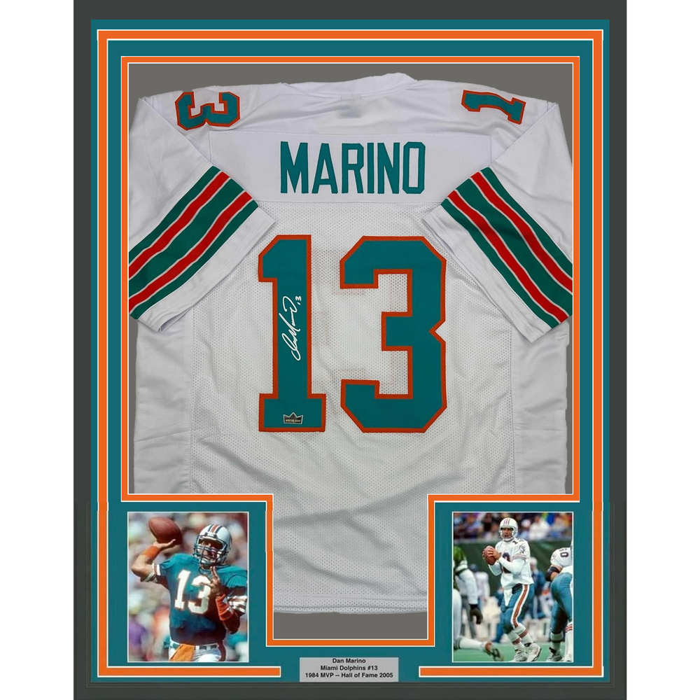 Framed Facsimile Autographed Dan Marino 35x39 Miami White Reprint Laser Auto Football Jersey (ONLINE ORDER ONLY)