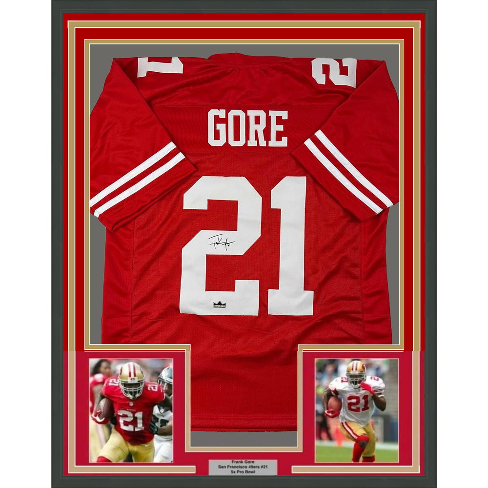 Framed Facsimile Autographed Frank Gore 35x39 San Francisco Red Reprint Laser Auto Football Jersey (ONLINE ORDER ONLY)
