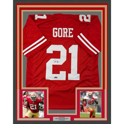 Framed Facsimile Autographed Frank Gore 35x39 San Francisco Red Reprint Laser Auto Football Jersey (ONLINE ORDER ONLY)