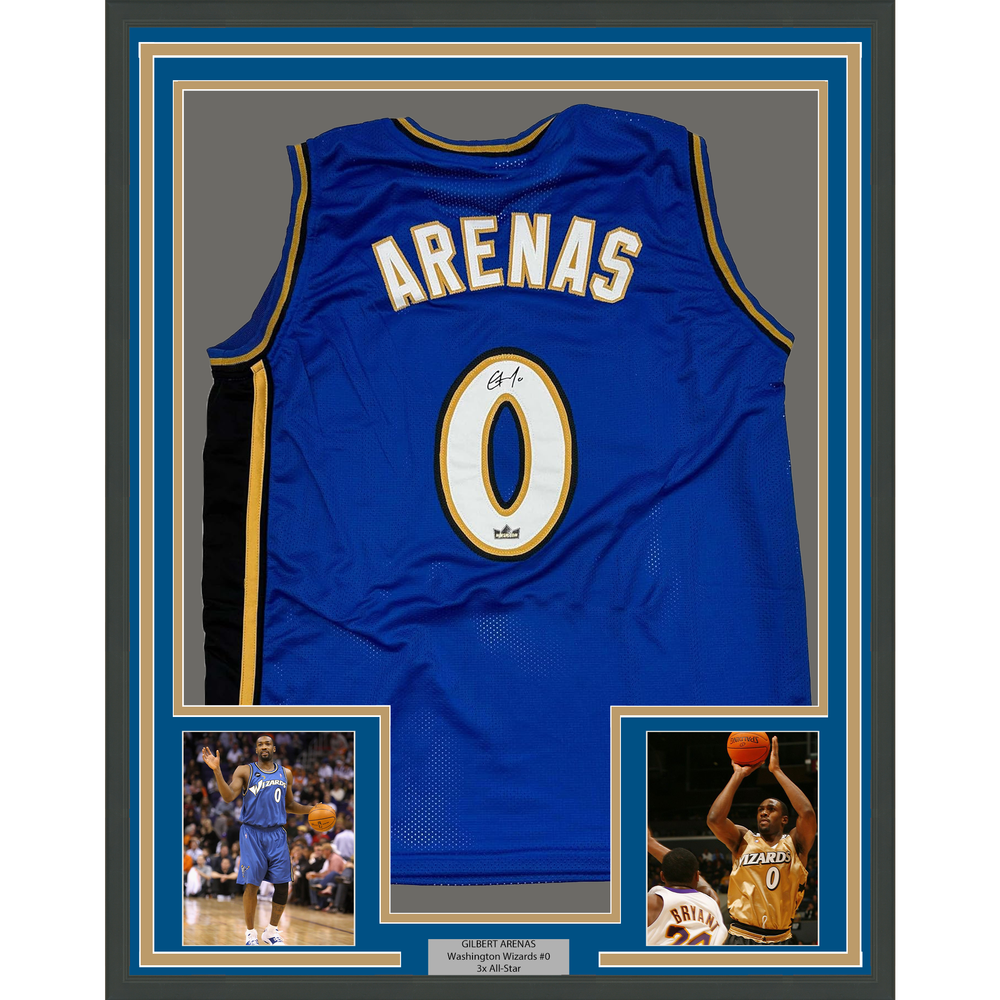 Framed Facsimile Autographed Gilbert Arenas 35x39 Washington Blue Reprint Laser Auto Basketball Jersey (ONLINE ORDER ONLY)
