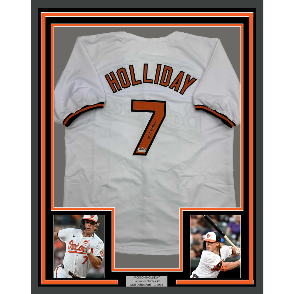 Framed Facsimile Autographed Jackson Holliday 35x39 Baltimore White Reprint Laser Auto Baseball Jersey (ONLINE ORDER ONLY)