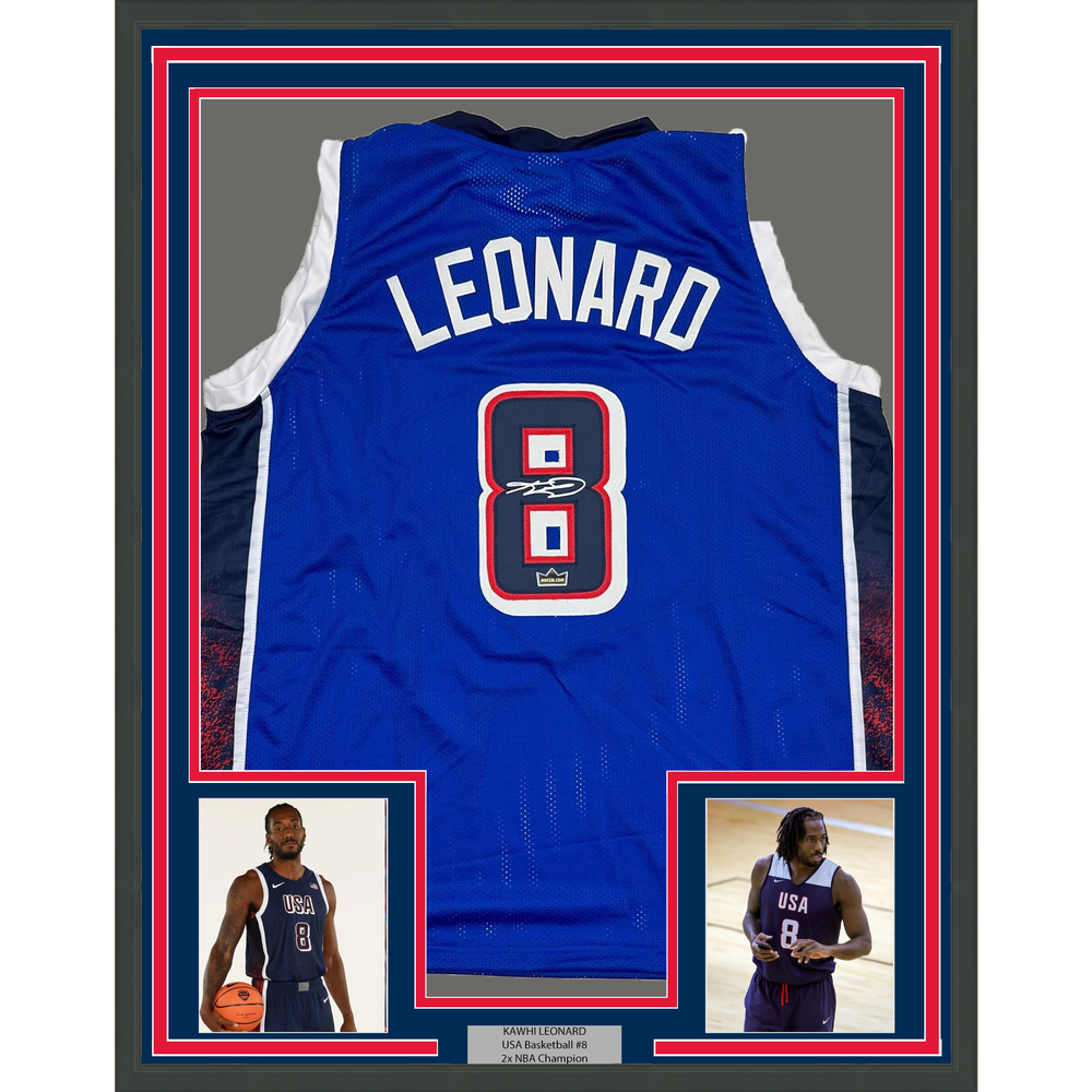 Framed Facsimile Autographed Kawhi Leonard 35x39 2024 United States Team USA Blue Reprint Laser Auto Basketball Jersey (ONLINE ORDER ONLY)