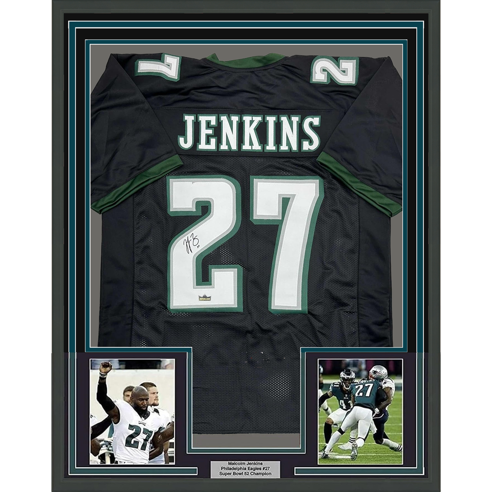Framed Facsimile Autographed Malcolm Jenkins 35x39 Philadelphia Black Reprint Laser Auto Football Jersey (ONLINE ORDER ONLY)