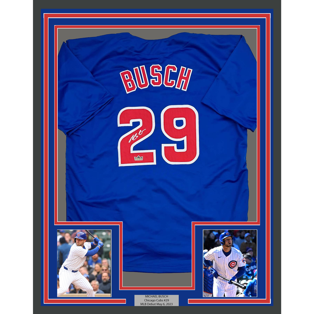 Framed Facsimile Autographed Michael Busch 35x39 Chicago Blue Reprint Laser Auto Baseball Jersey (ONLINE ORDER ONLY)