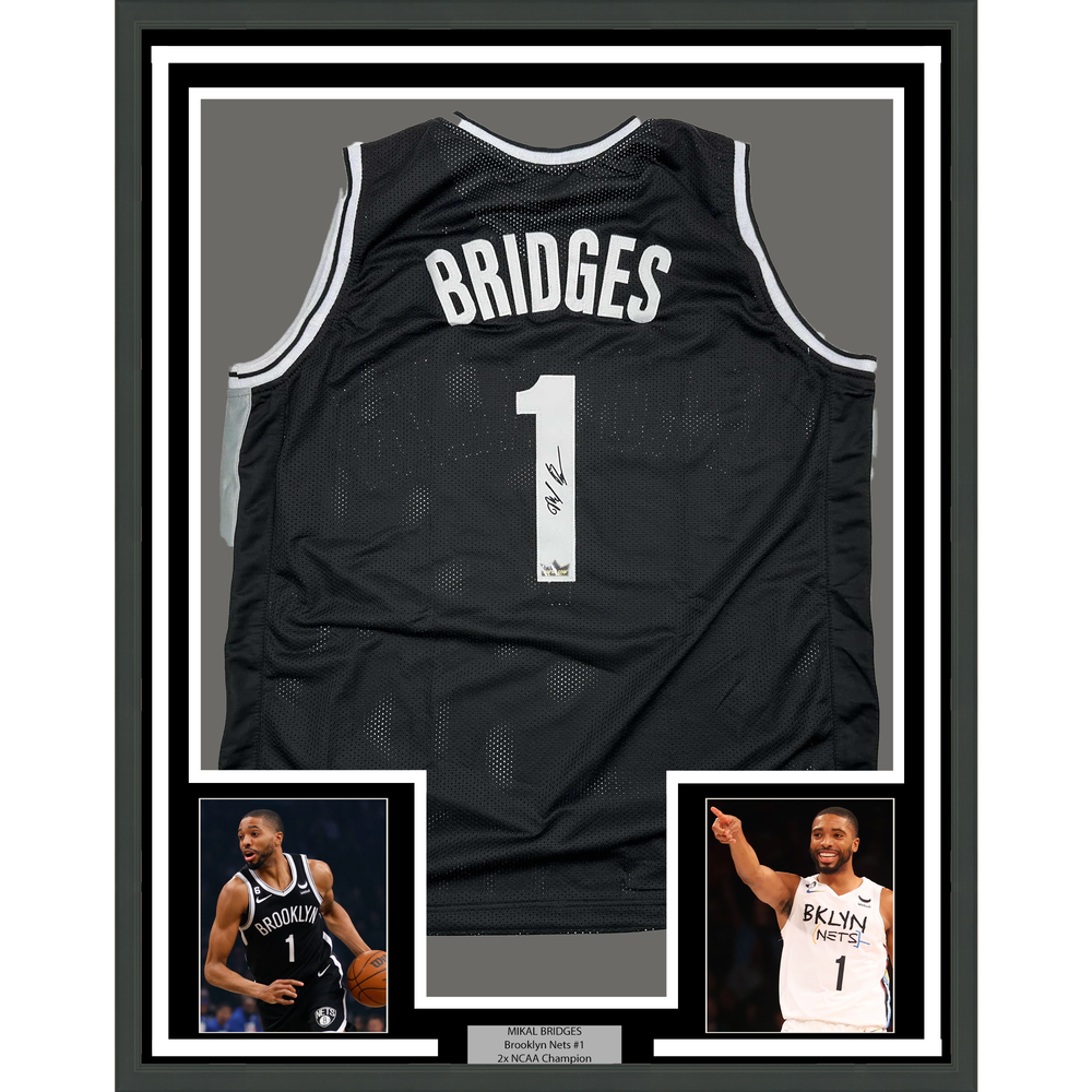 Framed Facsimile Autographed Mikal Bridges 35x39 Brooklyn Black Reprint Laser Auto Basketball Jersey (ONLINE ORDER ONLY)