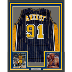 Framed Facsimile Autographed Ron Artest 35x39 Indiana Blue Pinstripe Reprint Laser Auto Basketball Jersey (ONLINE ORDER ONLY)
