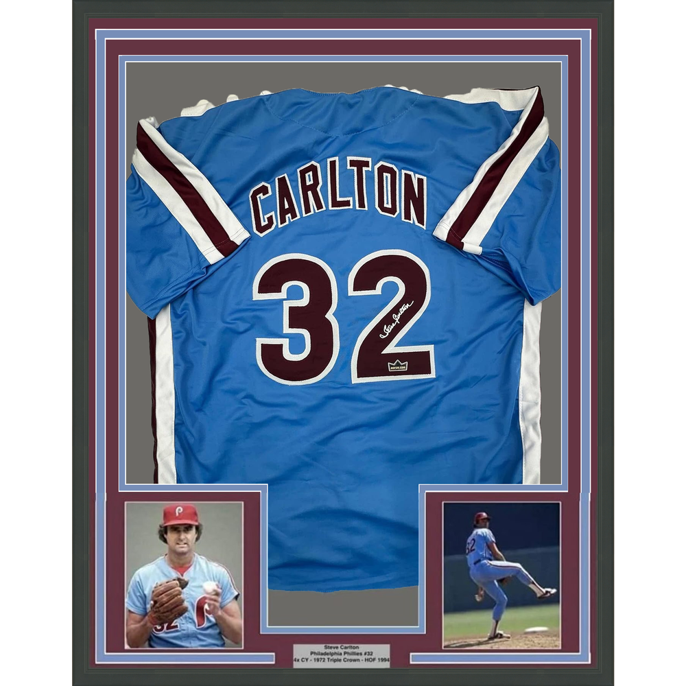 Framed Facsimile Autographed Steve Carlton 35x39 Philadelphia Blue Retro Reprint Laser Auto Baseball Jersey (ONLINE ORDER ONLY)