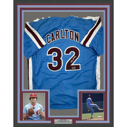 Framed Facsimile Autographed Steve Carlton 35x39 Philadelphia Blue Retro Reprint Laser Auto Baseball Jersey (ONLINE ORDER ONLY)
