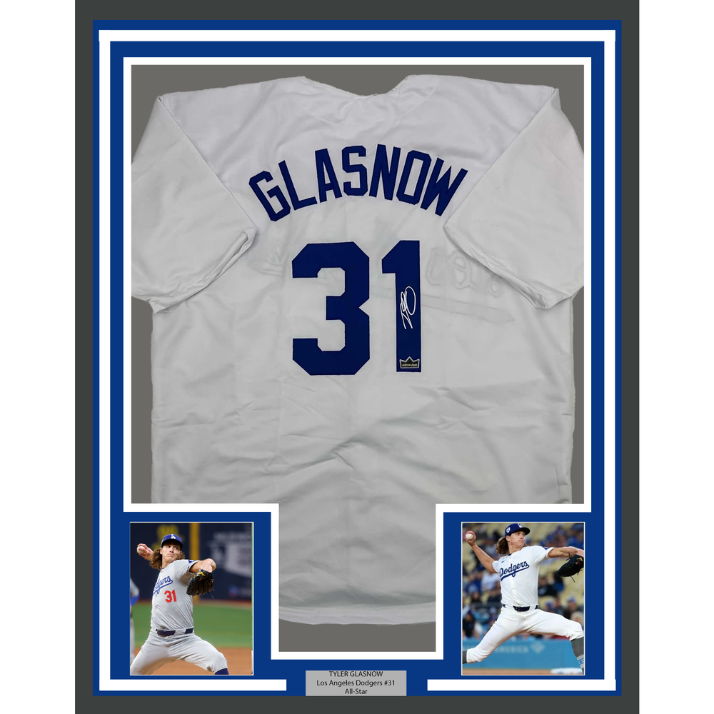 Framed Facsimile Autographed Tyler Glasnow 35x39 Los Angeles LA White Reprint Laser Auto Baseball Jersey (ONLINE ORDER ONLY)