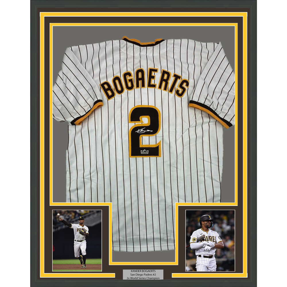 Framed Facsimile Autographed Xander Bogaerts 35x39 San Diego Pinstripe Reprint Laser Auto Baseball Jersey (ONLINE ORDER ONLY)