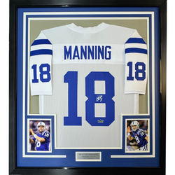Framed Facsimile Autographed Peyton Manning 35x39 Indianapolis White Reprint Laser Auto Football Jersey Size Men's XL (ONLINE ORDER ONLY)