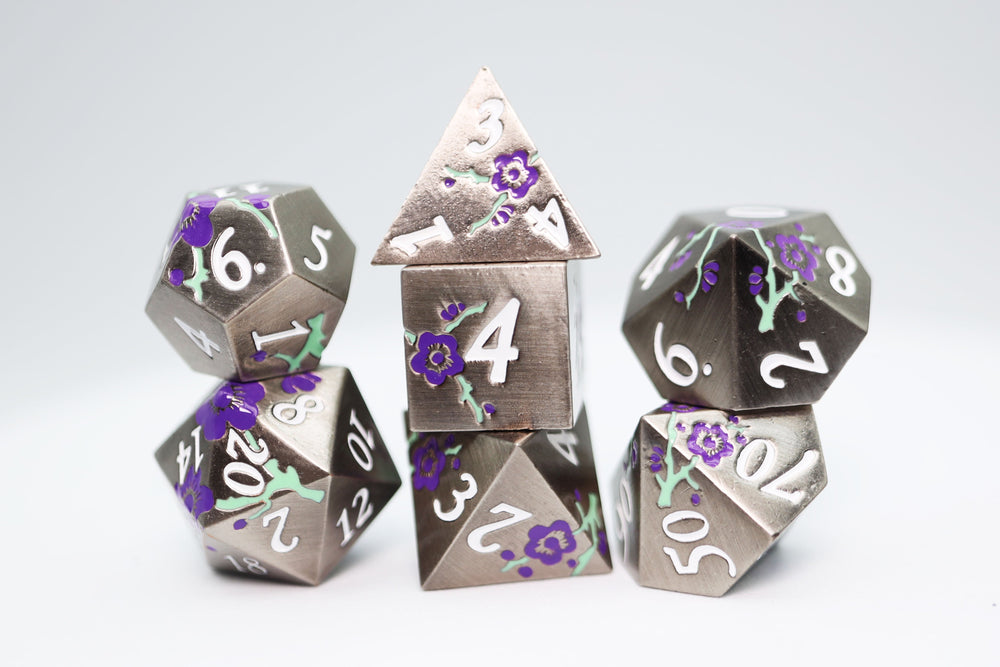 Metallic Bouquet: Silver with Purple Orchids - Metal RPG Dice Set (ONLINE ORDER ONLY)