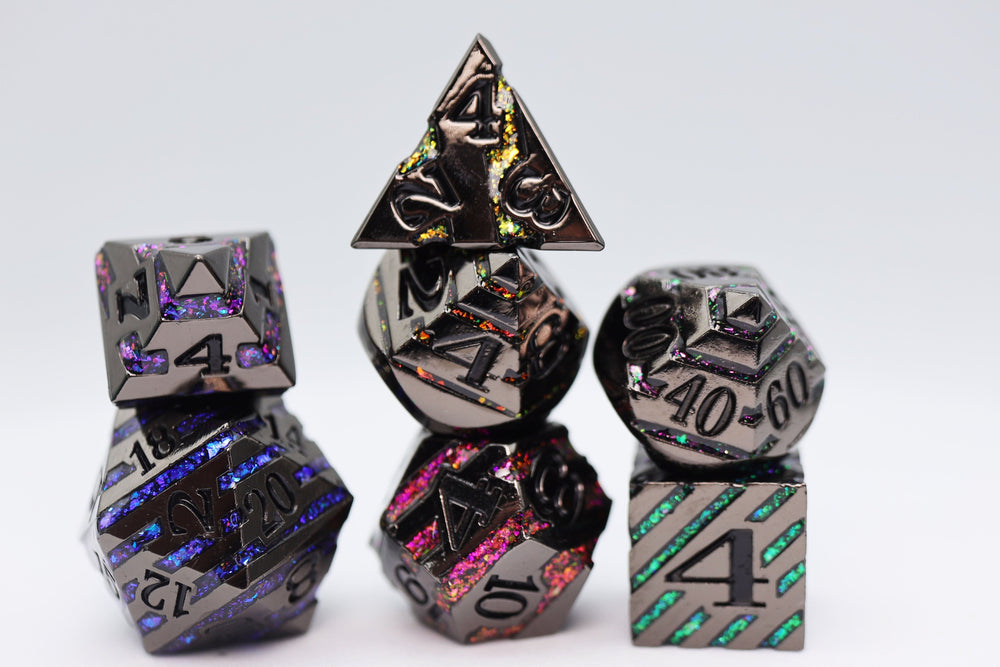 Into the Mines: Black with Rainbow Mica - Metal RPG Dice Set (ONLINE ORDER ONLY)