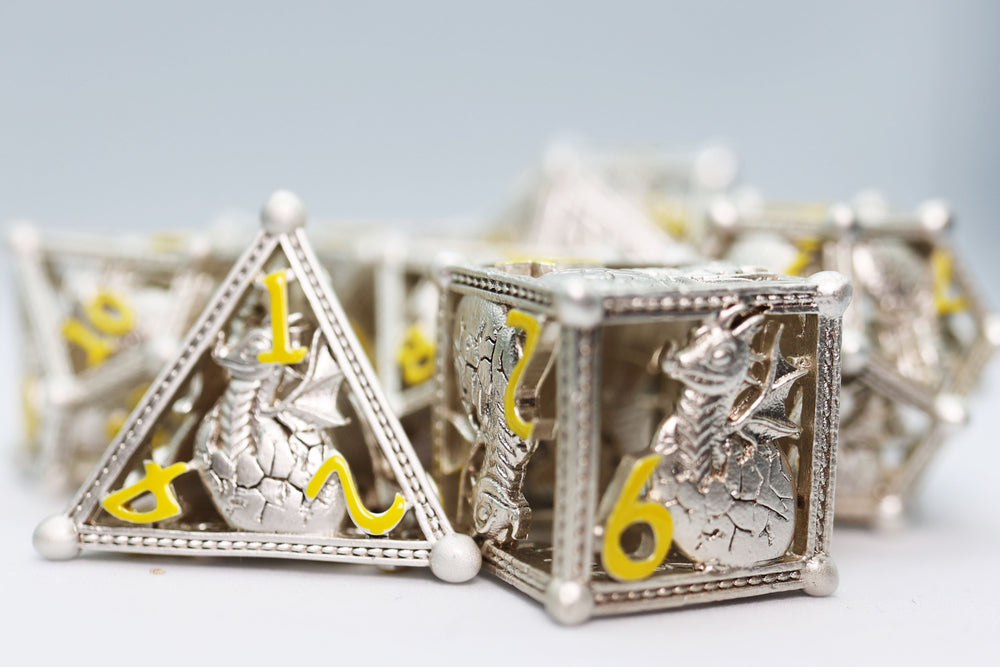 Silver Hatching Dragon - Hollow Metal RPG Dice Set (ONLINE ORDER ONLY)