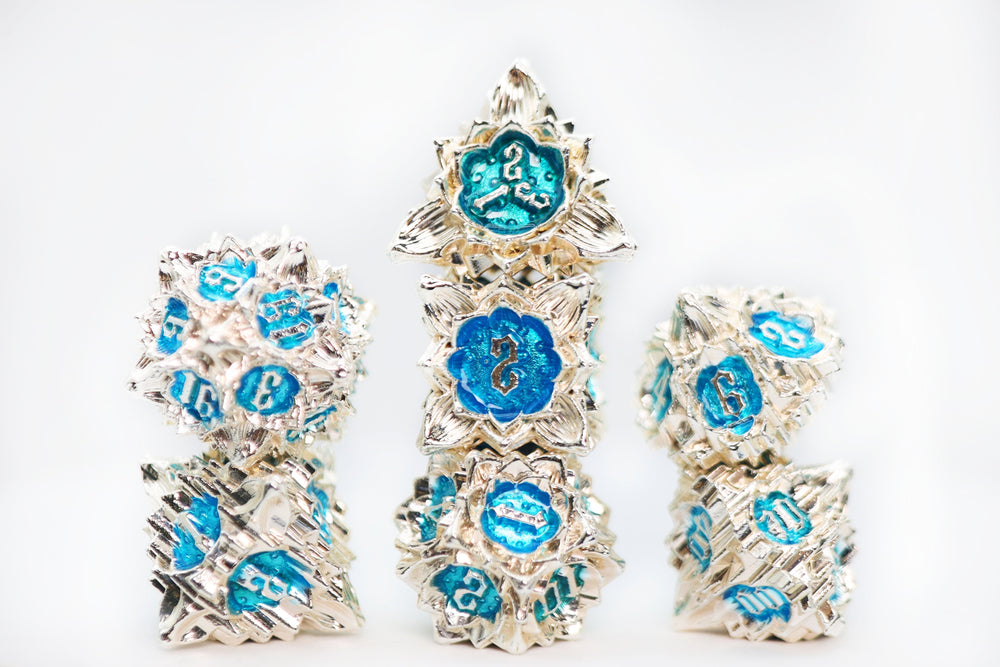Floral Starburst: Silver Bluebells - Metal RPG Dice Set (ONLINE ORDER ONLY)